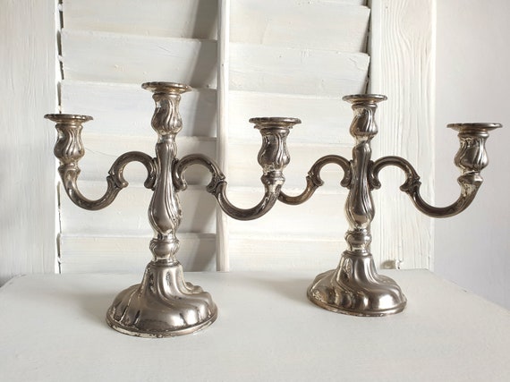 1x alter Kerzenleuchter, antiker Kerzenständer, vintage Kerzenhalter, BMF, versilbert, 3-flammig, shabby, Silber, brocante Deko