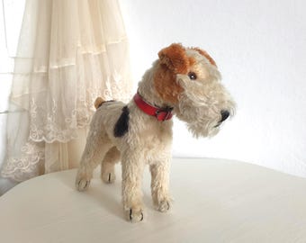 Antique Steiff dog, terrier, fox terrier "Foxy" vintage stuffed animal, Steiff toy, brocante, shabby chic, decorative