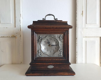 Vintage mantel clock, table clock, wooden case, angel, mid-century, wood, 1960s, brocante, country house