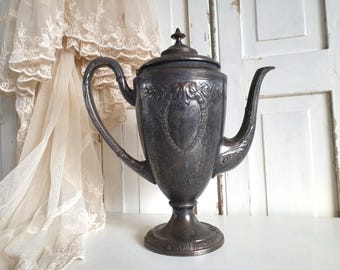 antique silver-plated coffee pot, teapot, vintage pot, Victorian, tarnished, brocante, shabby patina