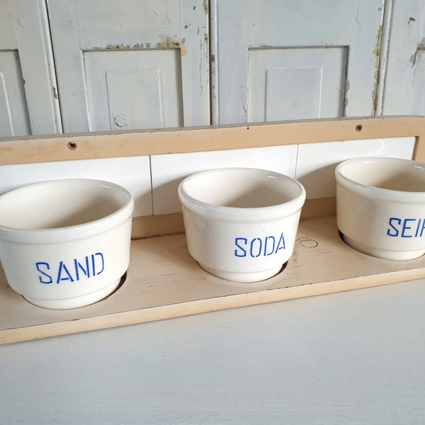 Sand Soda Soap, ceramic, antique wall shelf with pots, soap shelf, storage pots, old shelf, Art Nouveau, shabby, vintage, brocante