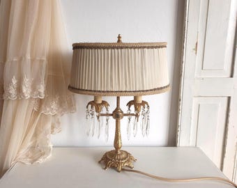 antique table lamp, golden table lamp with crystals, brocante lamp, pleated shade, vintage