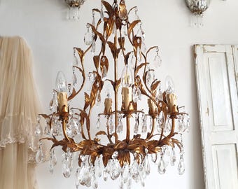 antique chandelier, vintage Florentine lamp, crystal, gold leaf, brocante, Italy, Tole ceiling light, Hollywood