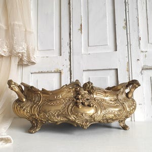 May include: An antique gold-coloured planter with elaborate relief carvings. The rectangular planter has curved sides and is supported by four small feet. The design includes floral and scroll motifs, and handles on each end. The background features white doors.