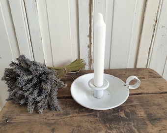old chamber candlestick, antique candle holder, metal, white enamel, shabby, vintage, brocante, country house