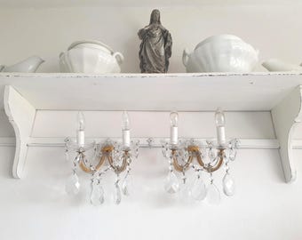 Pair of vintage wall lamps, 2 wall lights, Maria Theresa, antique chandeliers, crystal, prisms, boudoir, brocante