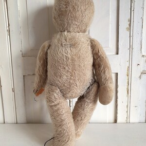 May include: A vintage, beige, mohair teddy bear with a button nose and stitched eyes. The bear is standing with its legs slightly apart and its arms at its sides. The bear has a tag on its back.