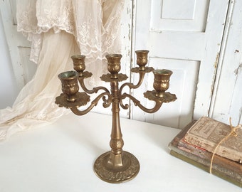 antique candlestick, French vintage candle holder, Art Nouveau, candelabra, France, brass, 5-light, brocante