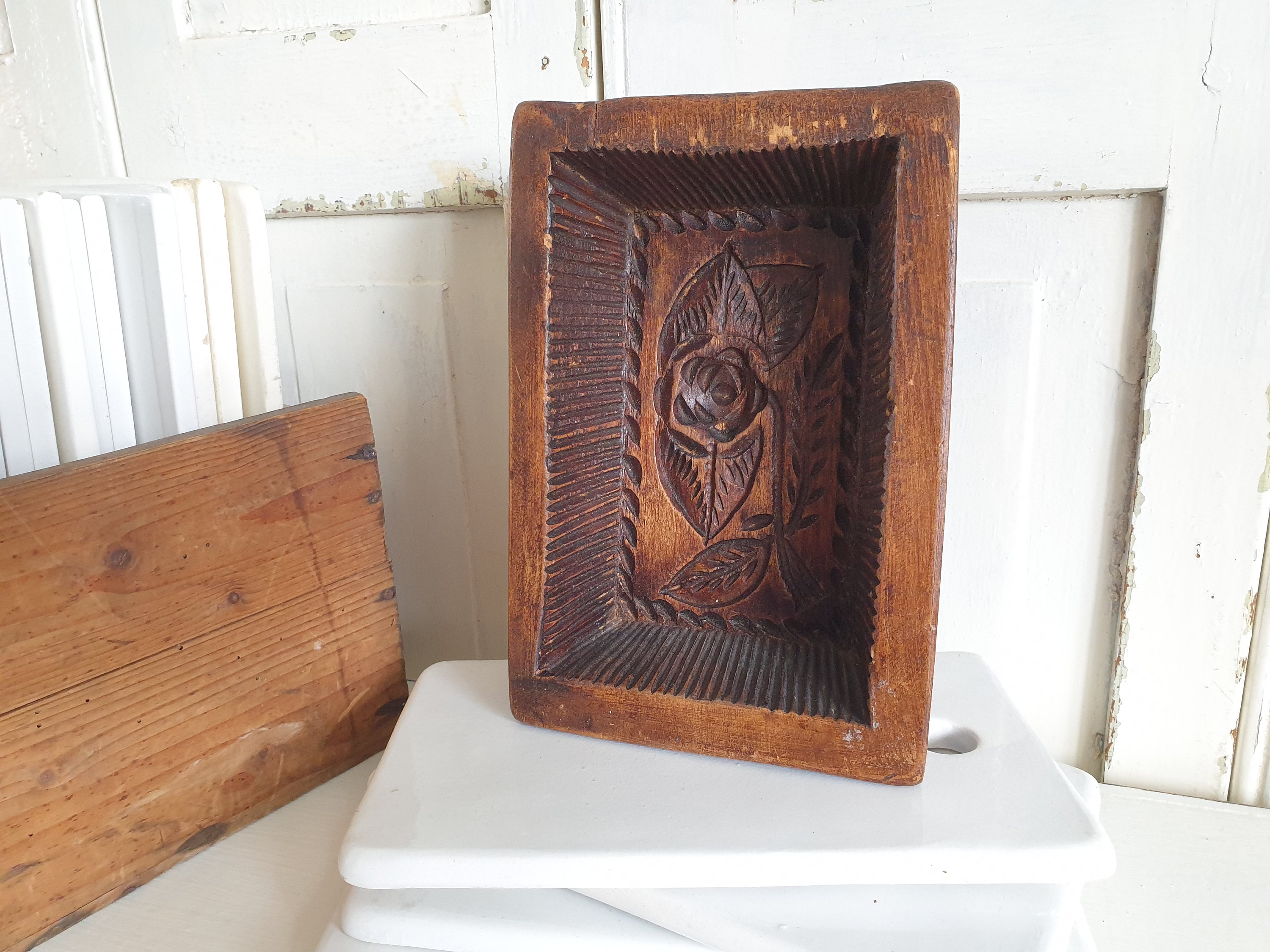 old butter mold, large antique butter mold, rose, wooden mold, butter mold, shabby, brocante, French vintage, country house decoration