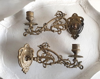 Set: 2x old piano candlesticks, pair of antique wall candle holders, brass, Art Nouveau, vintage, brocante decoration, country house