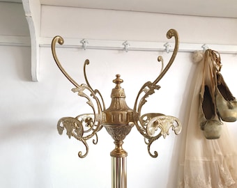antique coat rack, vintage coat rack, rotating clothes rack, Hollywood Regency, brass, gold, vintage, brocante