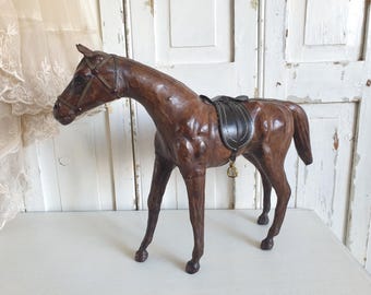 antique horse, vintage leather horse, horse figurine, sculpture, carved, leather, brocante decor, riding stable, rare