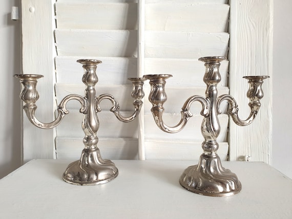 1x alter Kerzenleuchter, antiker Kerzenständer, vintage Kerzenhalter, BMF, versilbert, 3-flammig, shabby, Silber, brocante Deko