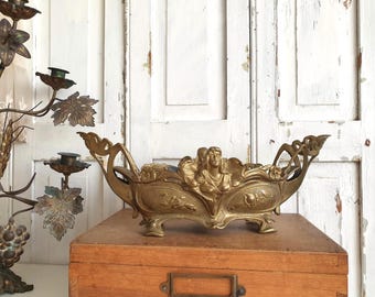Old jardinière, small antique planter, France, brass, Art Nouveau, French vintage, brocante, shabby chic, country house decor