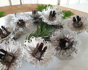Juego: 6 pinzas para velas vintage, candelabros Eckartiner, candelabros para árbol, plateados, decoración navideña, estilo vintage, decoración brocante, Navidad