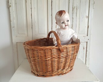 Cesta antigua, cesta de la compra nostálgica, cesta de mimbre, cesta trenzada, cesta de mercado, estilo shabby chic, vintage francés, brocante, casa de campo