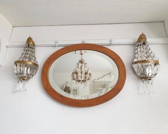 Antique French mirror, oval wall mirror, wooden frame, beveled edge, French vintage, brocante decor