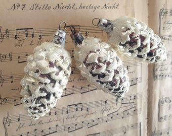 SET: 3x antique silver pine cones, vintage Christmas tree ornaments, glass, mouth-blown, silver, brocante, old Christmas tree balls, Lauscha