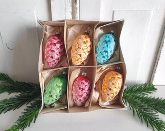 6 old colorful Lauscha pine cones, antique Christmas tree ornaments, mouth-blown, shabby chic, vintage, brocante, old Christmas tree balls, Christmas decorations