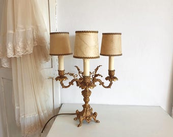 antique table lamp, golden French table lamp, shade, brocante lamp, candelabra, brass, vintage