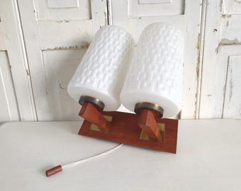 antique wall lamp, vintage twin lamp, 1960s, teak, wood, mid-century modern art, Danish, opal glass, frosted glass