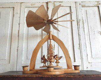 antique Christmas pyramid, Erzgebirge, vintage short-skirted angel, blank, candle carousel, table carousel, wood, brocante