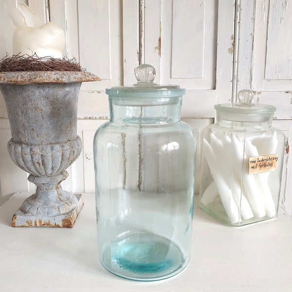 altes Bonbonglas, großes antikes Vorratsglas, türkis, Tante Emma Laden, Glasdeckel, shabby, vintage, brocante Deko, Landhaus Küche