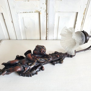 antique wall sconce, old Italian wall lamp, cherub, putto, angel, lamp, chandelier, Art Nouveau, vintage, brocante, glass shade