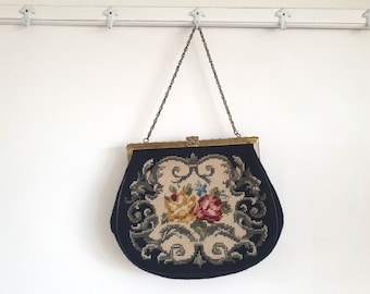 ヴィンテージ プチポワン ハンドバッグ：フローラル ニードルポイント