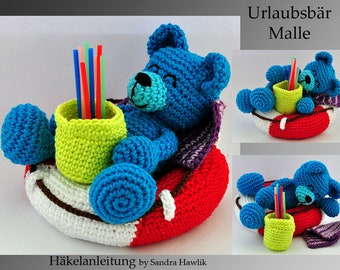 Patron au crochet, gabarit, amigurumi, crochet, allemand, allemand, nounours, vacances, été, cocktail, pdf