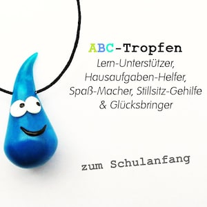 ABC-Tropfen zum Schulanfang in blau-transparent / Glücksbringer zur Einschulung