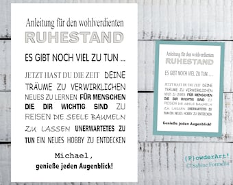 Poster ANLEITUNG für den wohlverdienten RUHESTAND / Geschenk für Kollegin / verschiedene Farben