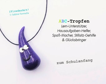 ABC-Tropfen zum Schulanfang in glitzer-violett / Glücksbringer & Talisman zur Einschulung