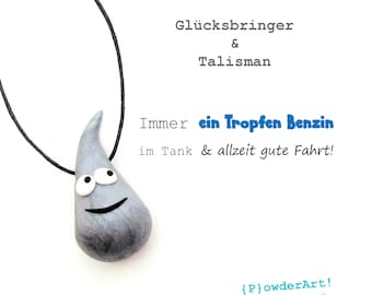 Ein Tropfen Benzin & gute Fahrt in silber-metallic / Glücksbringer + Talisman für neues Auto