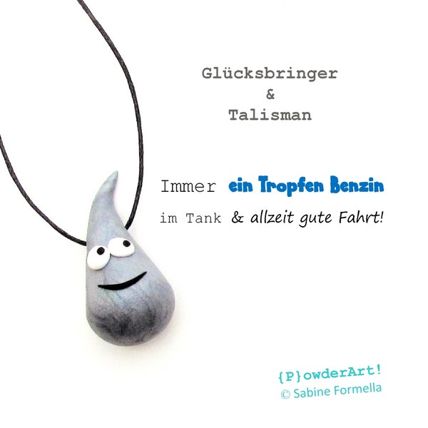 Ein Tropfen Benzin & gute Fahrt in silber-metallic / Glücksbringer + Talisman für neues Auto