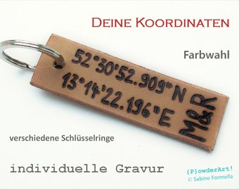 Schlüsselanhänger Leder + Gravur / personalisiert mit Koordinaten und Initialen / Männergeschenke