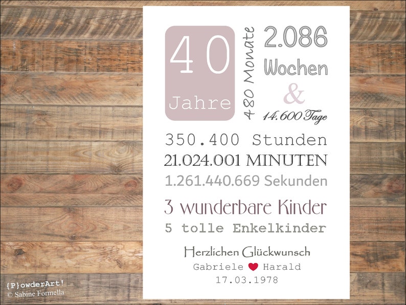 Bild zum 40. HOCHZEITSTAG 14.600 Tage / mit Namen & Datum personalisiert Rosé