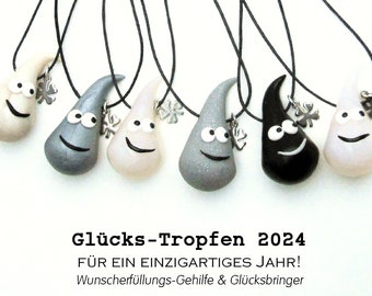 Glücksbringer 2024 / Glücks-Tropfen mit Glückskleeblatt / Talisman für ein einzigartiges Jahr