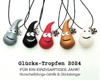 Glücks-Tropfen 2024 mit Glücksklee & Farbwahl / Glücksbringer + Talisman / für neues Jahr