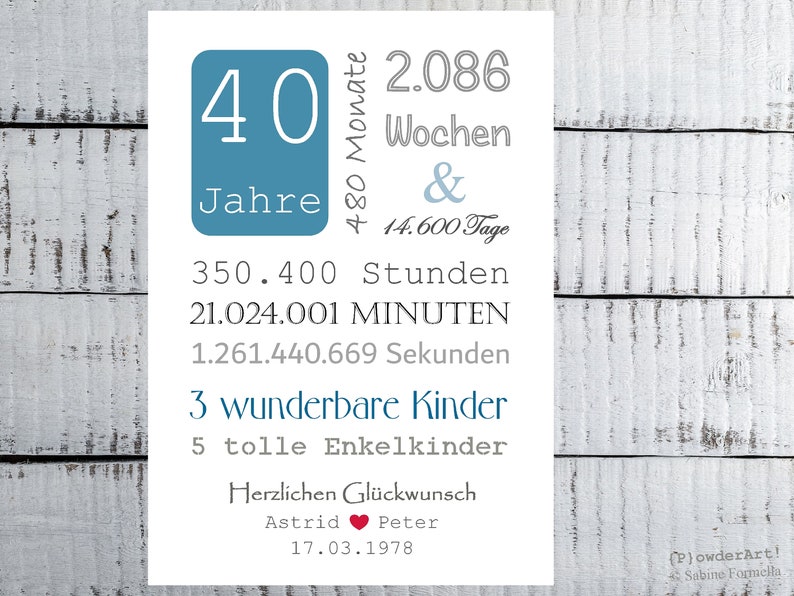 Bild zum 40. HOCHZEITSTAG 14.600 Tage / mit Namen & Datum personalisiert Bild 6