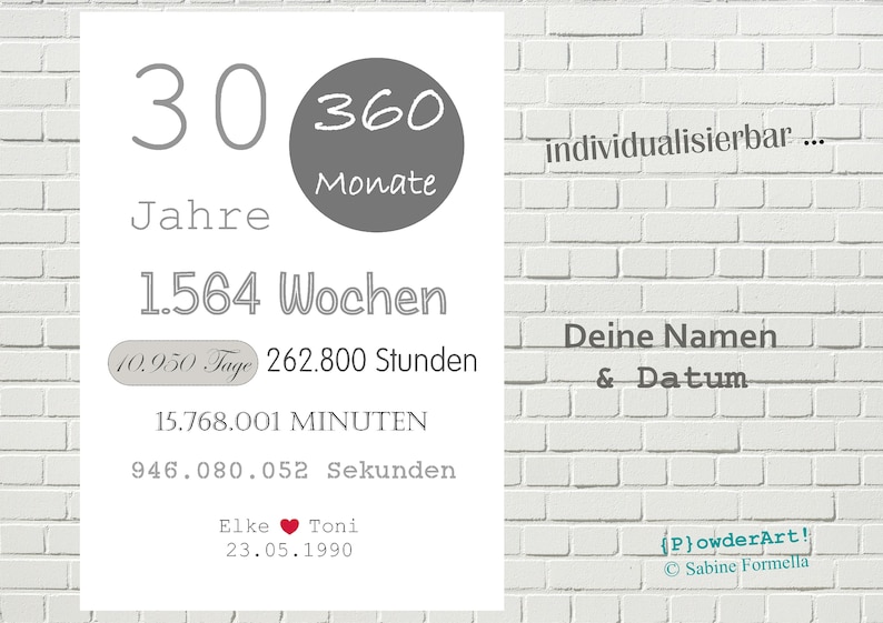 Bild zum 30. HOCHZEITSTAG 10.950 Tage mit Namen & Datum / Geschenk zur Perlenhochzeit Bild 7