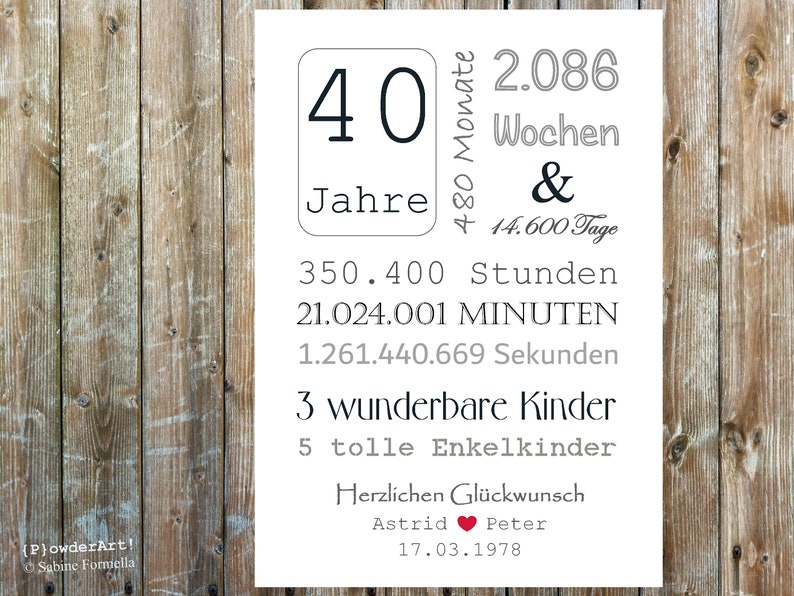Bild zum 40. HOCHZEITSTAG 14.600Tage / personalisiert / Etsy