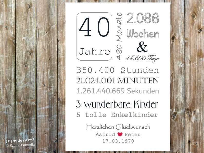 Bild zum 40. HOCHZEITSTAG 14.600 Tage / mit Namen & Datum personalisiert image 9