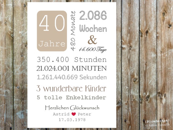 40 Hochzeitstag 14 600 Tage Bild Mit Namen Datum Etsy