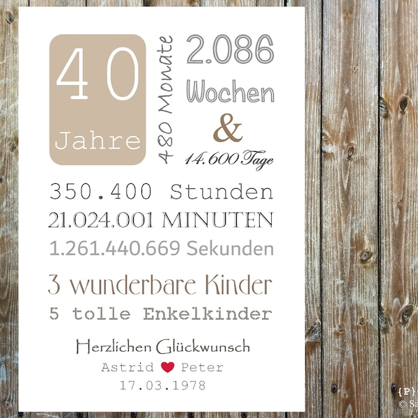 40. HOCHZEITSTAG  14.600 Tage Bild mit Namen & Datum / personalisiert /  zur Rubinhochzeit