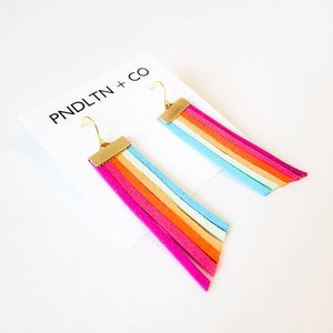 70's leather multi-colored fringe earrings - vintage earrings, tassel earrings, vintage fashion, neon earrings