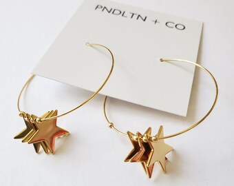 Gold Star Hoops, gold hoops, star hoops, 24 karat gold hoops