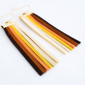 70's Long leather multi-colored fringe earrings - vintage earrings, tassel earrings, vintage fashion