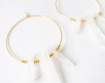 Crystal Quartz Earrings, Large Gold Hoop Earrings, Crystal Earrings, Healing Crystal Earrings, Crystal Hoop Earrings, Quartz Hoops