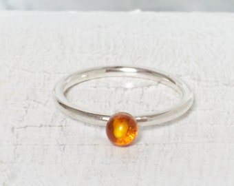 Amber ring silver, delicate stacking ring ball, amber 5 mm
